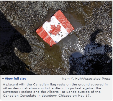 Oiled Canadian Flag at Keystone rally in Chicago